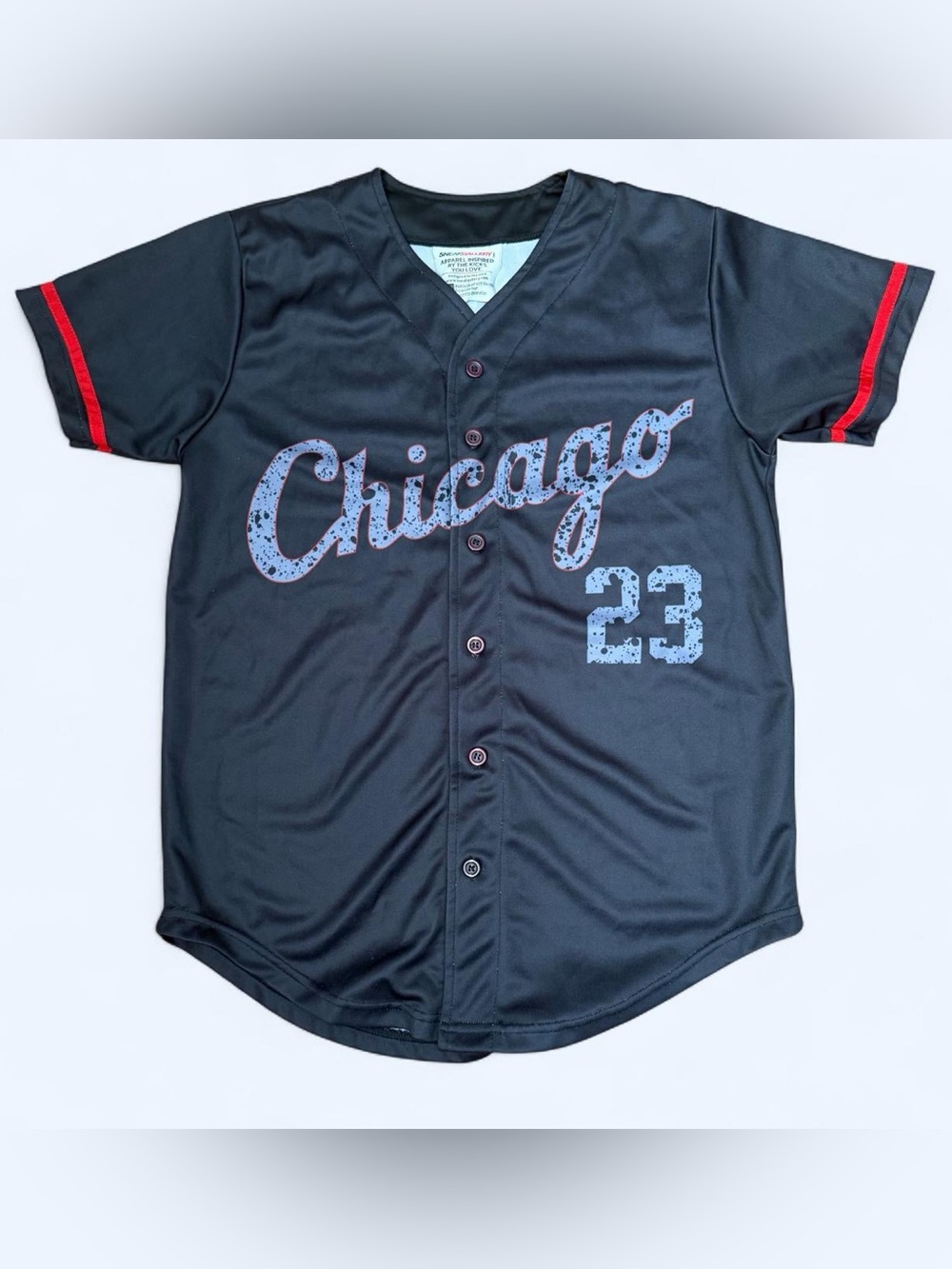 Gallery Black Baseball Jersey with Light Blue Chicago Script